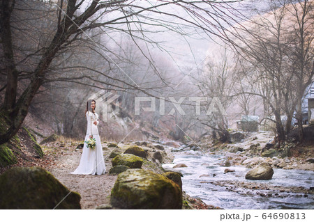 The bride in a luxurious white dress is standing by the river high in the mountains 64690813