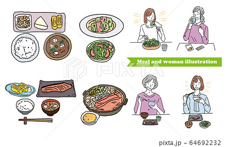 食事をする女性 和食 イラストセットのイラスト素材 食事をする女性 和食 イラストセットのイラスト素材