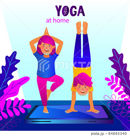 Concept of yoga at home, yoga online via internet. Cute boy and girl are doing yoga asana standing on giant smartphone. Modern flat vector illustration. Concept of yoga at home, yoga online via internet. Cute boy and girl are doing yoga asana standing on giant smartphone. Modern flat vector illustration. 64693340