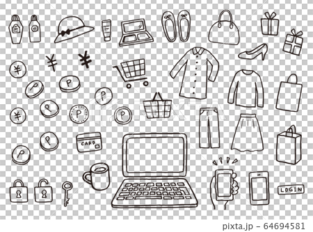 ネットショッピングにまつわる手描きイラストのイラスト素材