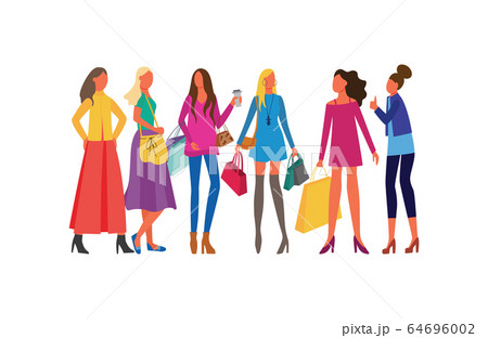 Group girls or young women with shopping bags flat vector illustration isolated. 64696002