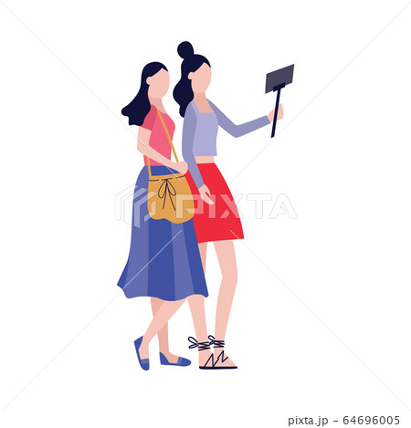Two girlfriends walking and making selfie flat vector illustration isolated. 64696005