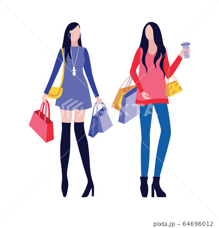 Girlfriends cartoon characters go shopping flat vector illustration isolated. 64696012