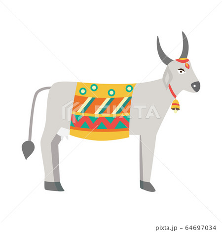 Cartoon cow - sacred animal in India decorated with ethnic ornaments 64697034