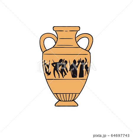 Isolated yellow ancient Greek pottery vase with human figures 64697743