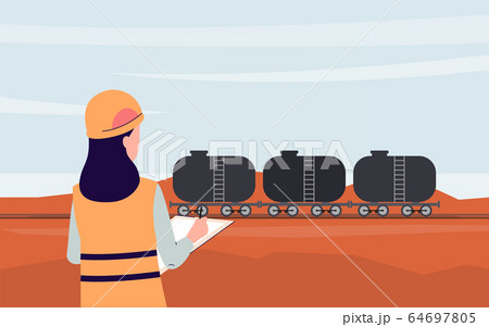 Shipping oil in refinery plant with fuel tanks flat vector illustration. 64697805