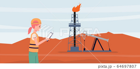 Engineer woman standing by oil drilling rig and well with pumpjack and using tablet 64697807