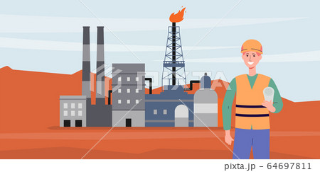 Power industry background with oil production equipment flat vector illustration. 64697811