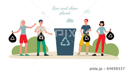 Run and clean planet - plogging banner with ecology activists with garbage bin 64698337