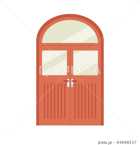 Red wooden double front door with round top and arched transom Red wooden double front door with round top and arched transom 64698537