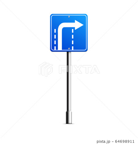 Blue turn right road sign with white arrow turning at the end of the lane 64698911