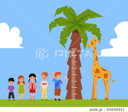 Cartoon giraffe for kids height measure - little children standing in line 64698941