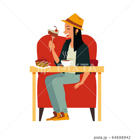 Woman eating cake - cartoon girl sitting on big chair with table and food 64698942