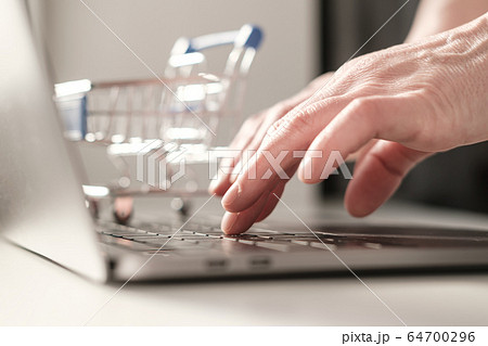 Female hands make an online shopping order using a laptop. Concept of self-isolation due to a virus 64700296