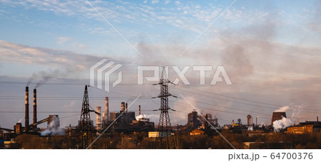 Chemical plant polluting air, smoke from chimneys. High power electricity poles Chemical plant polluting air, smoke from chimneys. High power electricity poles 64700376