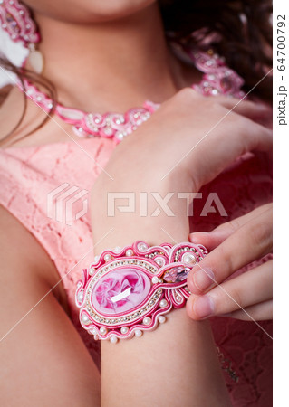 pink bracelet technique soutache on hand pink bracelet technique soutache on hand 64700792