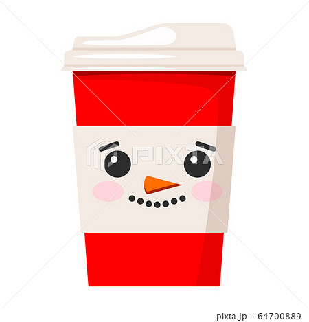 Merry Christmas paper coffee or tea cup decorated with cute snowman face isolated on white background. 64700889