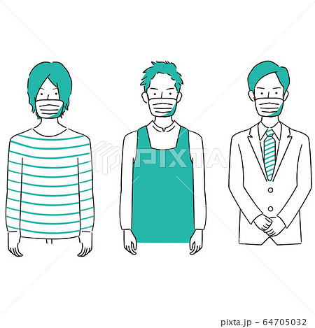 手描き1color イケメン3人 マスクを装着のイラスト素材