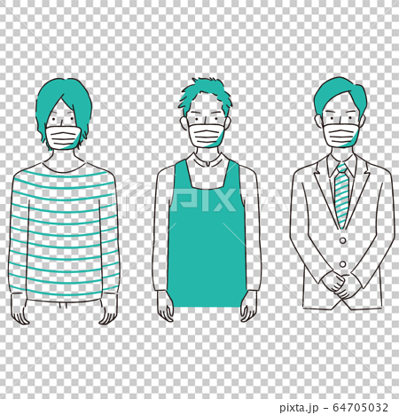 手描き1color イケメン3人 マスクを装着のイラスト素材