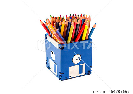 recycle floppy disk, Creative objects used for Store supplies such as pen pencils Scissors in a box, concept recycle floppy disk, isolate white background 64705667