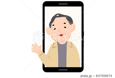 スマホの画面の中から手を振る老人のイラストのイラスト素材