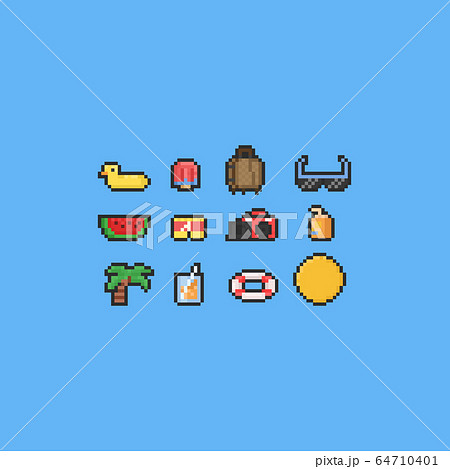 Pixel Cartoon Summer Icon Set 8bit のイラスト素材