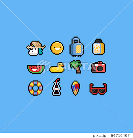 Pixel Cartoon Summer Icon Set 8bit Holiday のイラスト素材