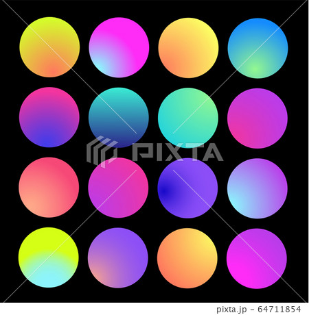Rounded holographic gradient sphere. Multicolor green purple yellow orange pink cyan fluid circle gradients, colorful soft round buttons or vivid color spheres flat set 64711854