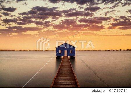 Sunrise over the Matilda Bay boathouse in the Swan 64716714