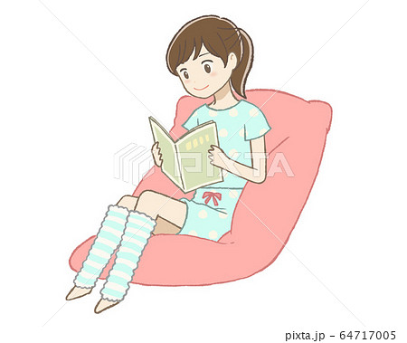 部屋でリラックスして読書する女性のイラスト素材