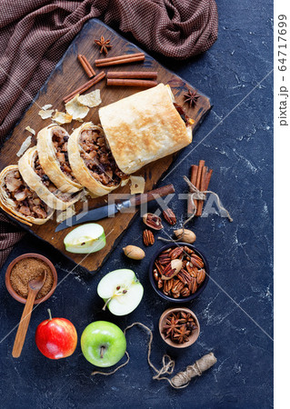 Apple strudel of filo dough with ingredients Apple strudel of filo dough with ingredients 64717699