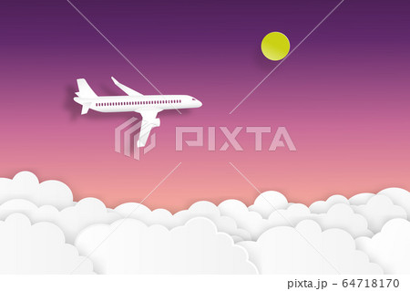 Airplane flying on twilight sky with moon and cloud tranportation and travel concept paper art cut style vector illustration. 64718170