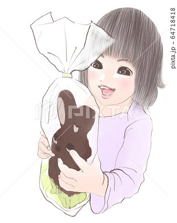 復活祭 イースター うさぎのチョコを見つけて喜ぶ女の子のイラスト素材