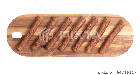 Wooden tray with frikadellen, a Dutch fast food 64719117