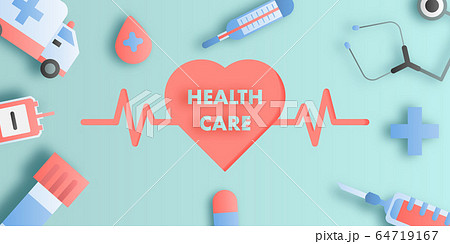 Paper art style of health care and medical elements with heart and electrocardiogram in the center. 64719167