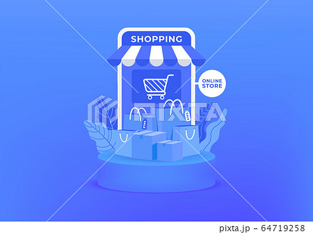 Online shopping on mobile. Shopping bag and boxes on blue background. 64719258