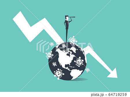 Businessman standing on a globe full of virus outbreaks and carrying binoculars. 64719259