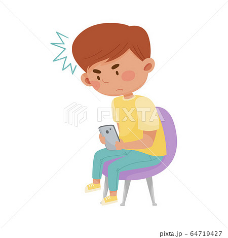 Little Angry Boy Sitting and Holding Smartphone Vector Illustration Little Angry Boy Sitting and Holding Smartphone Vector Illustration 64719427
