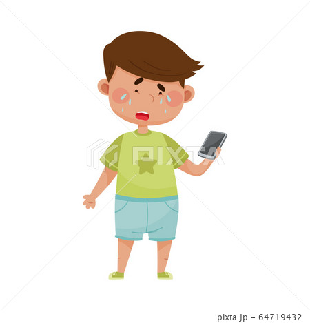 Little Boy Standing with Smartphone in His Hand and Crying Out Loud Vector Illustration 64719432