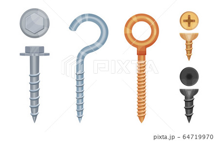 Metal Screws with Steel Bolts and Nails Vector Set Metal Screws with Steel Bolts and Nails Vector Set 64719970