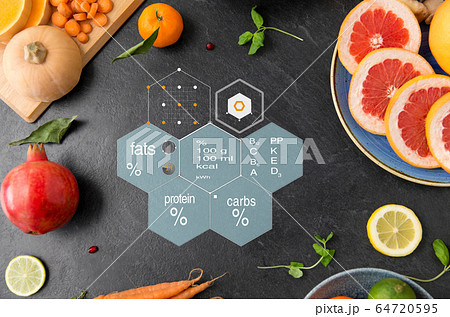 different vegetables and fruits on on slate table 64720595