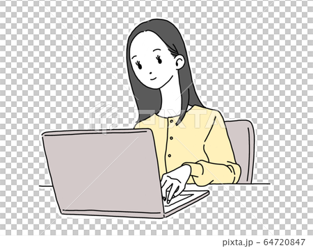 Computer woman long hair black hair illustration yellow cardigan white edge 64720847