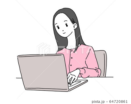 パソコン 女性 ロングヘア 黒髪 イラスト ピンク色 カーデ 白フチのイラスト素材