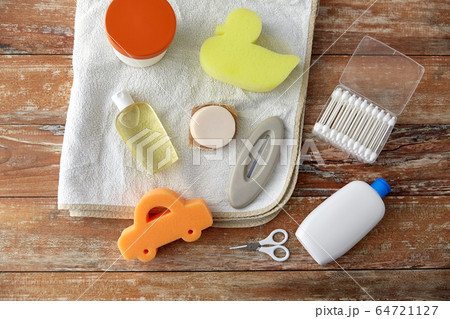 baby accessories for bathing on wooden table baby accessories for bathing on wooden table 64721127