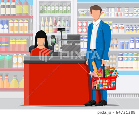 Supermarket store interior with goods. 64721389