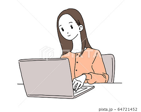 パソコン 女性 ロングヘア 茶髪 イラスト 色 カーデ 白フチのイラスト素材