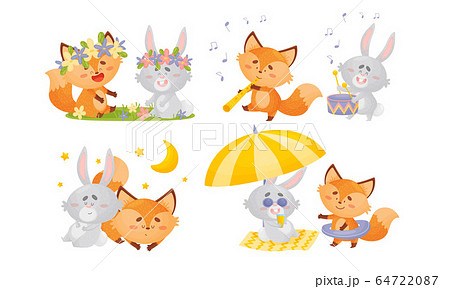 Humanized Fox And Hare Engaged In Different のイラスト素材