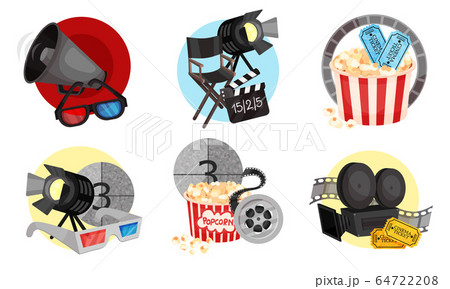 Film and Cinema Industry Attributes and Symbols with Popcorn and 3D Glasses Vector Set 64722208
