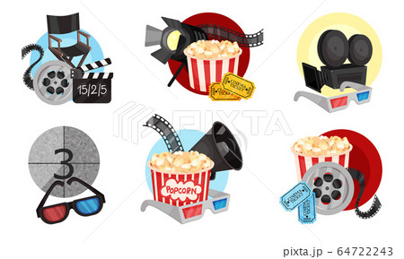 Film and Cinema Industry Attributes and Symbols with Popcorn and 3D Glasses Vector Set Film and Cinema Industry Attributes and Symbols with Popcorn and 3D Glasses Vector Set 64722243