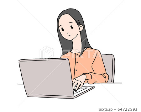 パソコン 女性 ロングヘア肌色 黒髪 イラスト オレンジ色 カーデ 白フチのイラスト素材